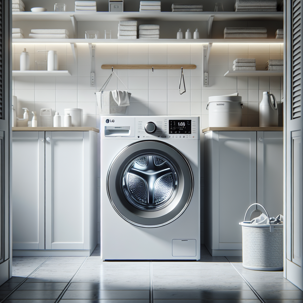 A realistic image of an LG washing machine in a modern, organized laundry room.