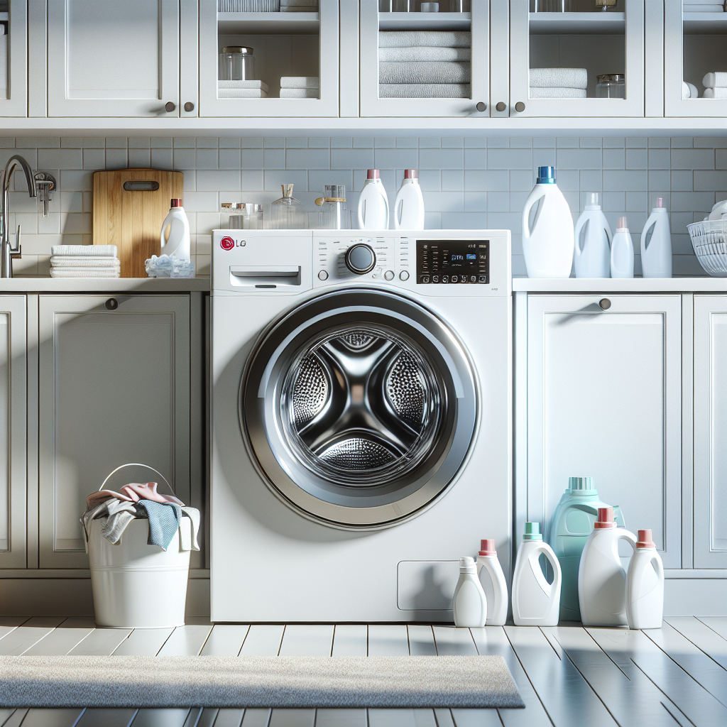 A realistic image of an LG front-loading washing machine in a modern laundry room with laundry supplies.