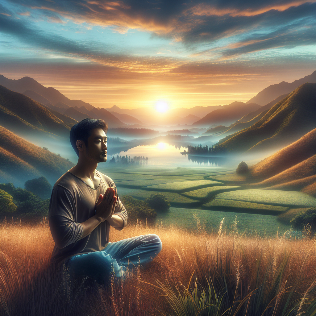 A serene landscape with sunrise, a person in prayer highlighting faith and peace.