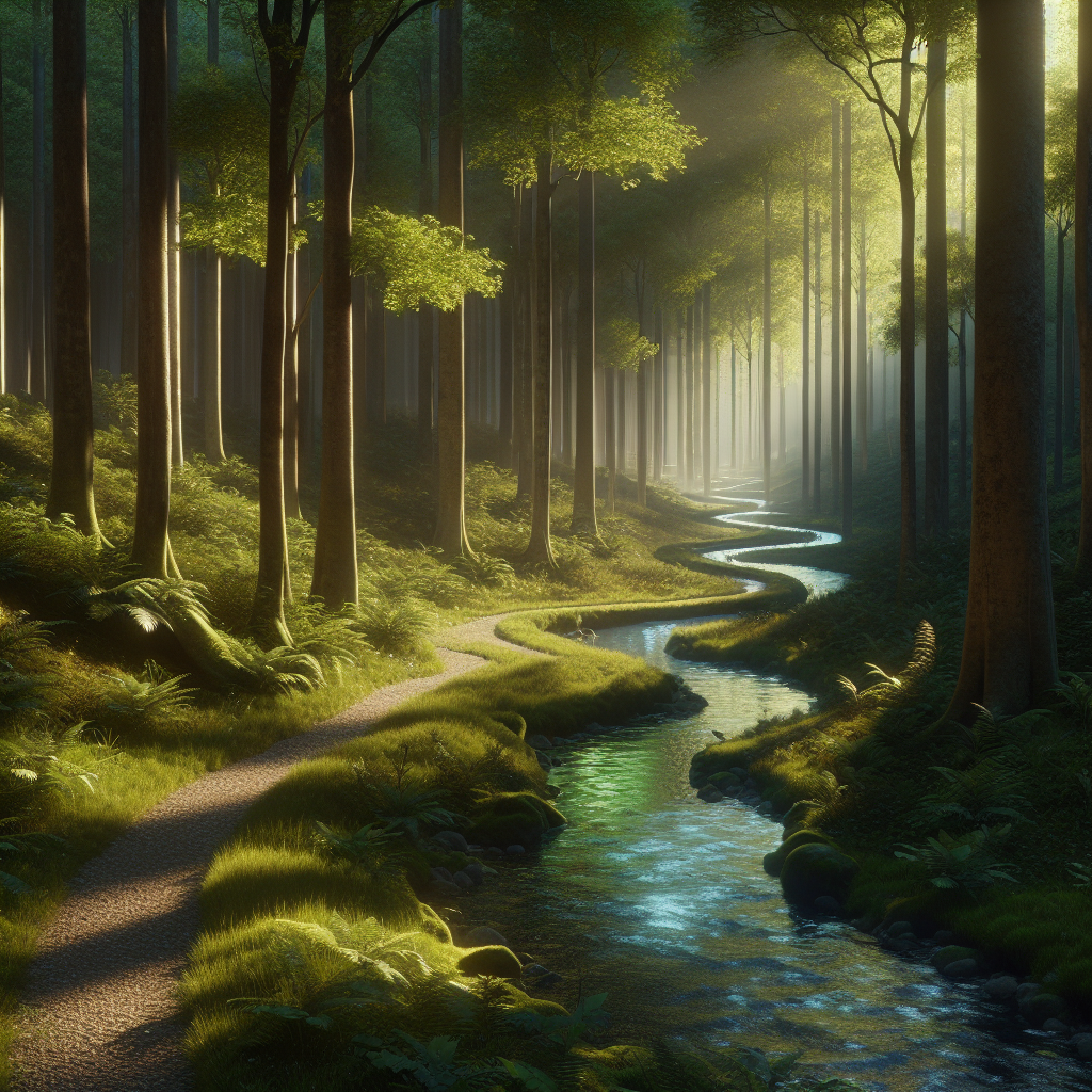 A serene forest path symbolizing a spiritual journey with lush trees and a gentle brook.