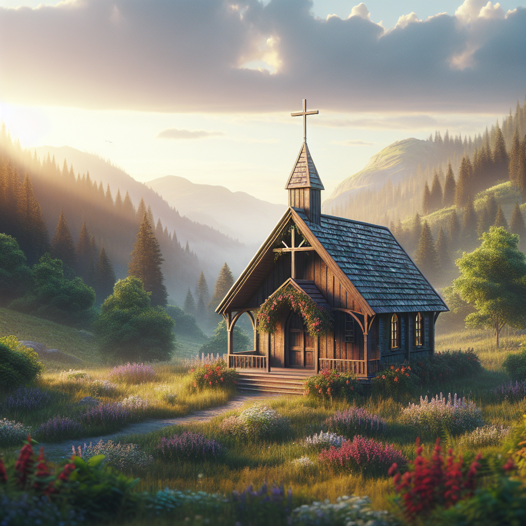 A serene chapel in an idyllic landscape symbolizing Christian faith.