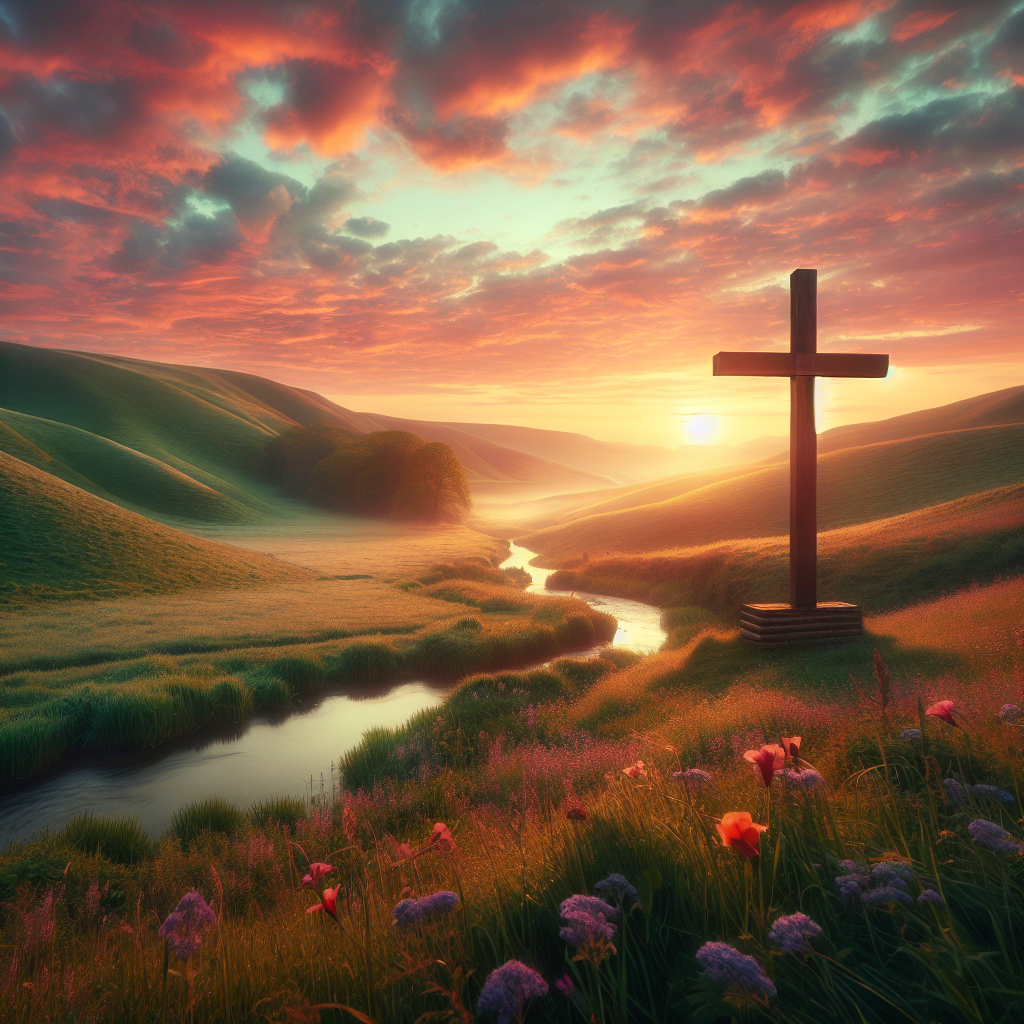 Tranquil landscape symbolizing Christian faith with a sunrise, hills, a stream, and a wooden cross.