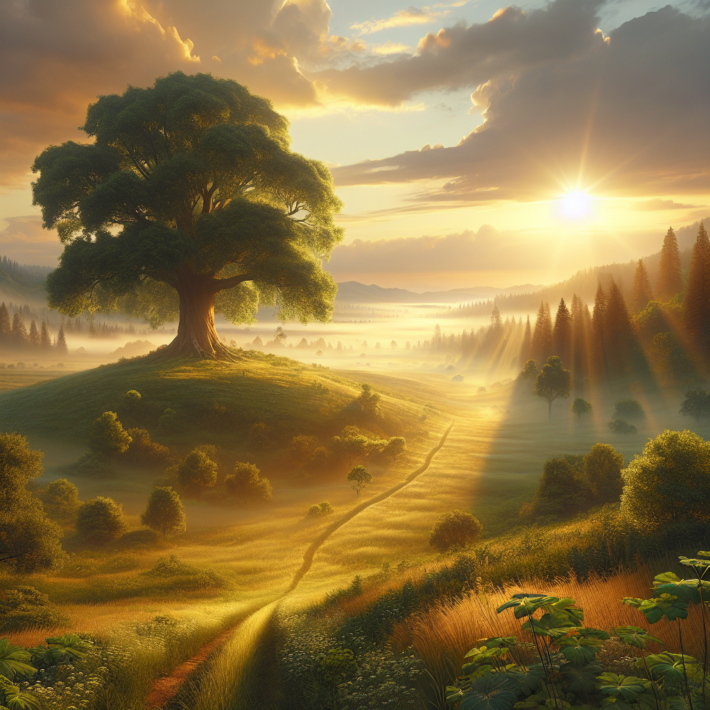 A serene landscape depicting a divine plan at sunrise, with a path through a field and a solitary tree in the distance.