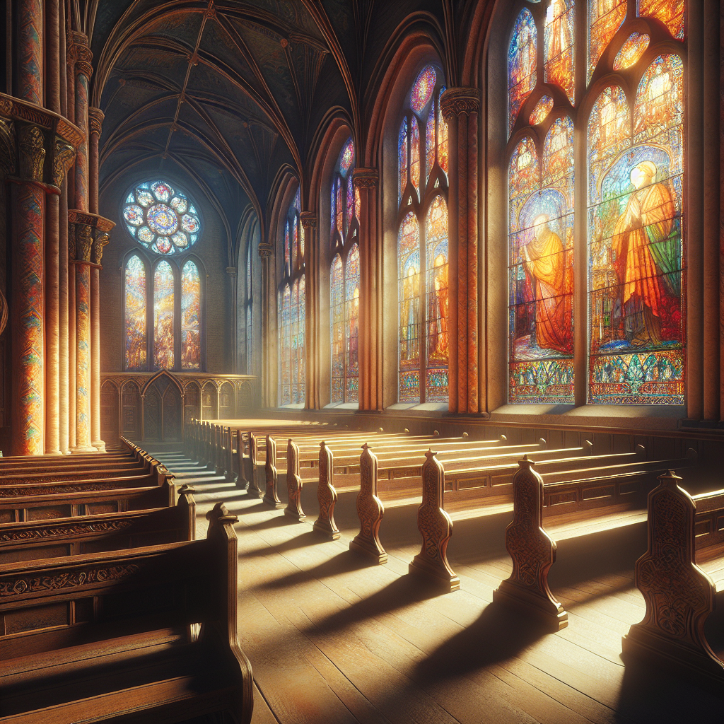 A serene church interior with stained glass windows, wooden pews, and colorful light reflections, capturing the essence of Christian faith.