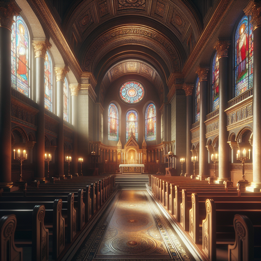 Interior of a Christian Church with warm lighting and stained glass windows.