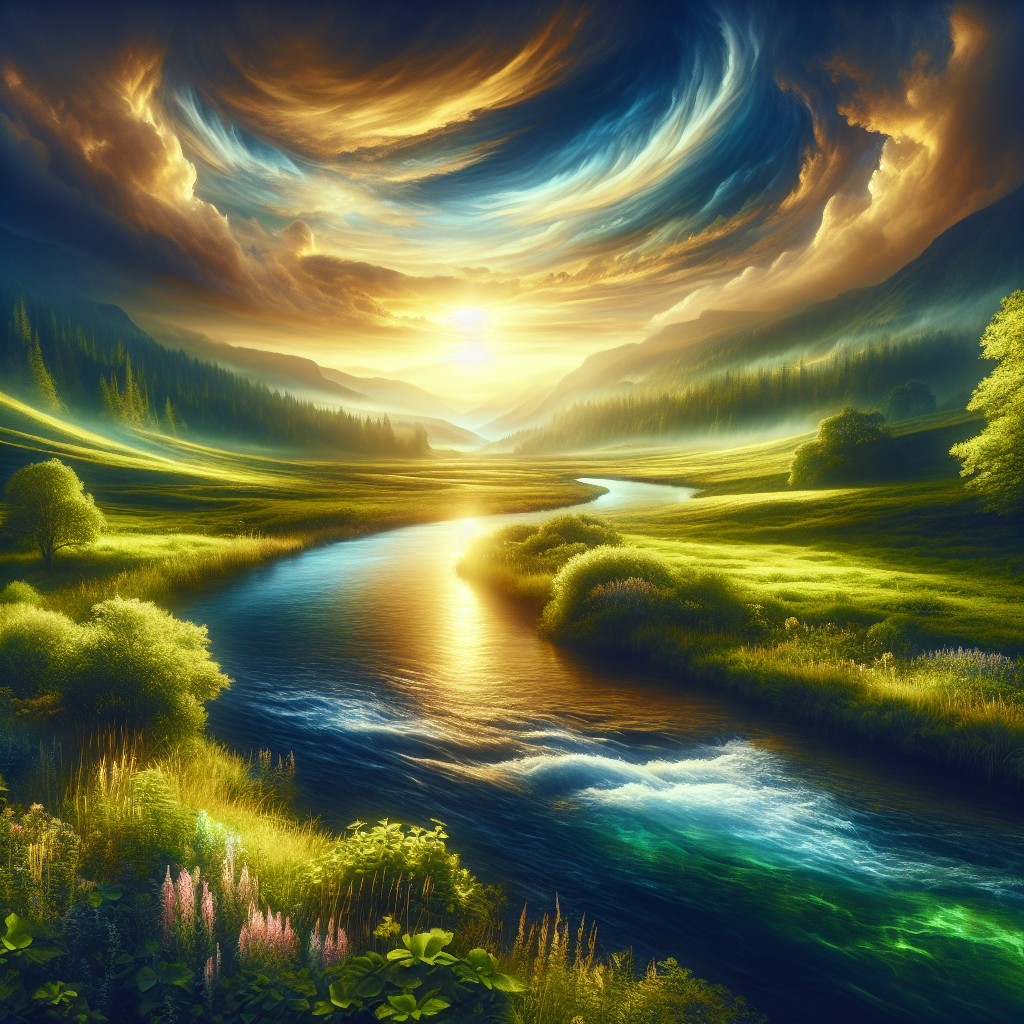 A peaceful landscape symbolizing God's divine plan, with a river, meadows, and a sunset glow.