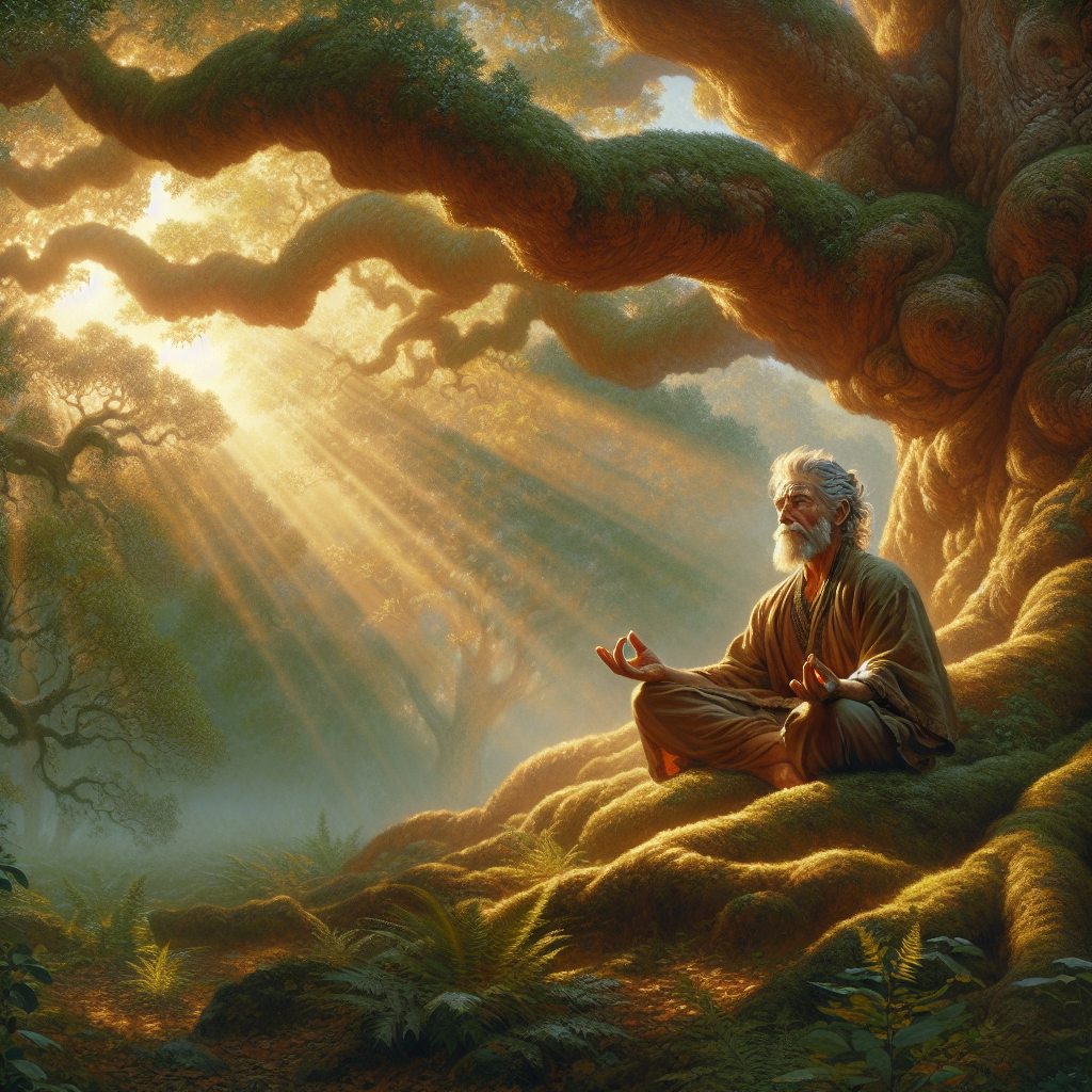 An elderly man meditating under an ancient oak, symbolizing faith in God.