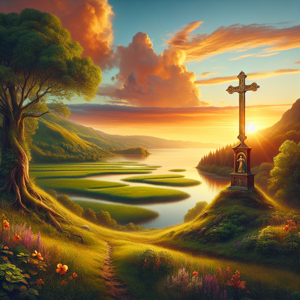 Serene landscape with sunset, cross, and lush fields symbolizing spirituality.