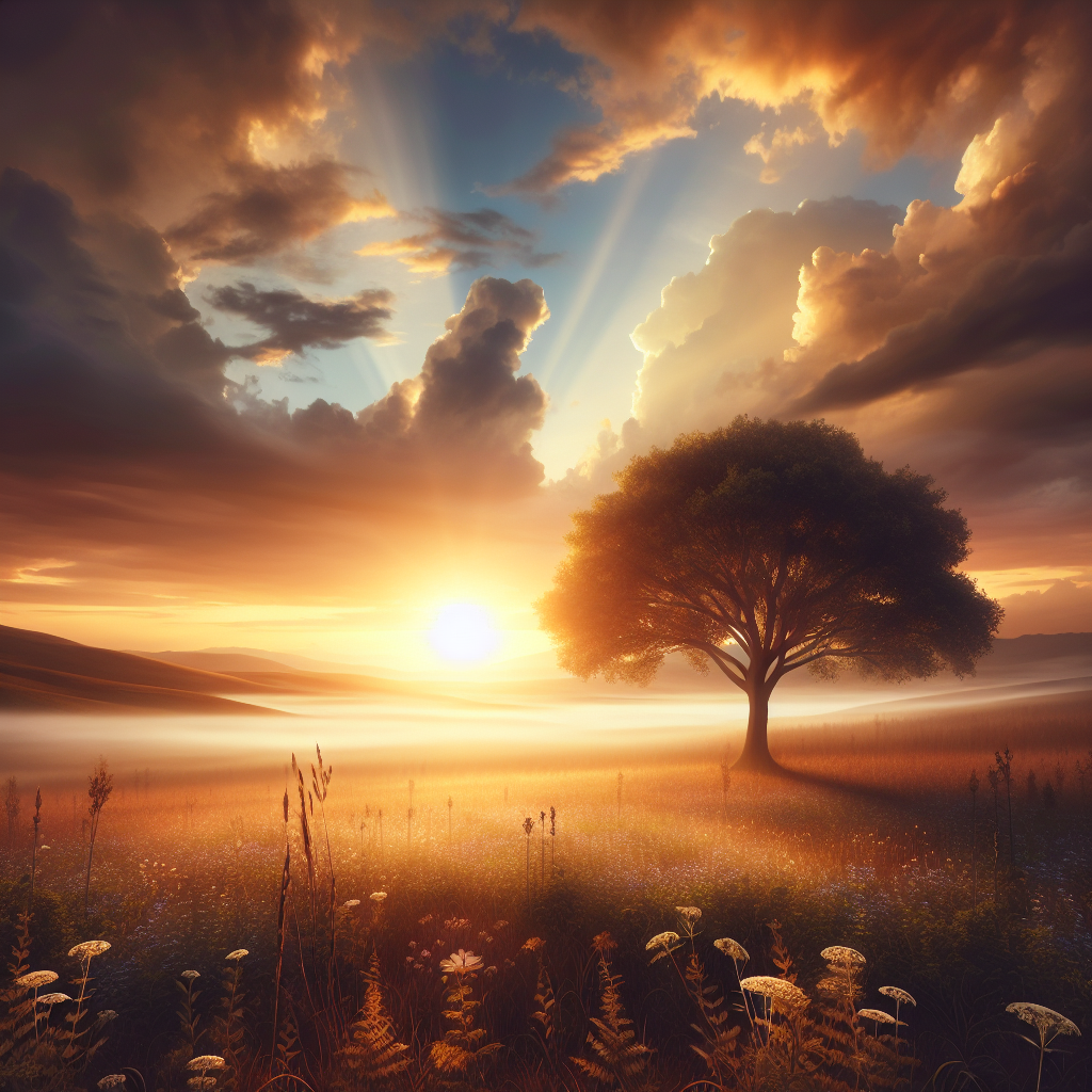 A serene landscape at sunrise representing faith, with a lone tree and wildflowers.