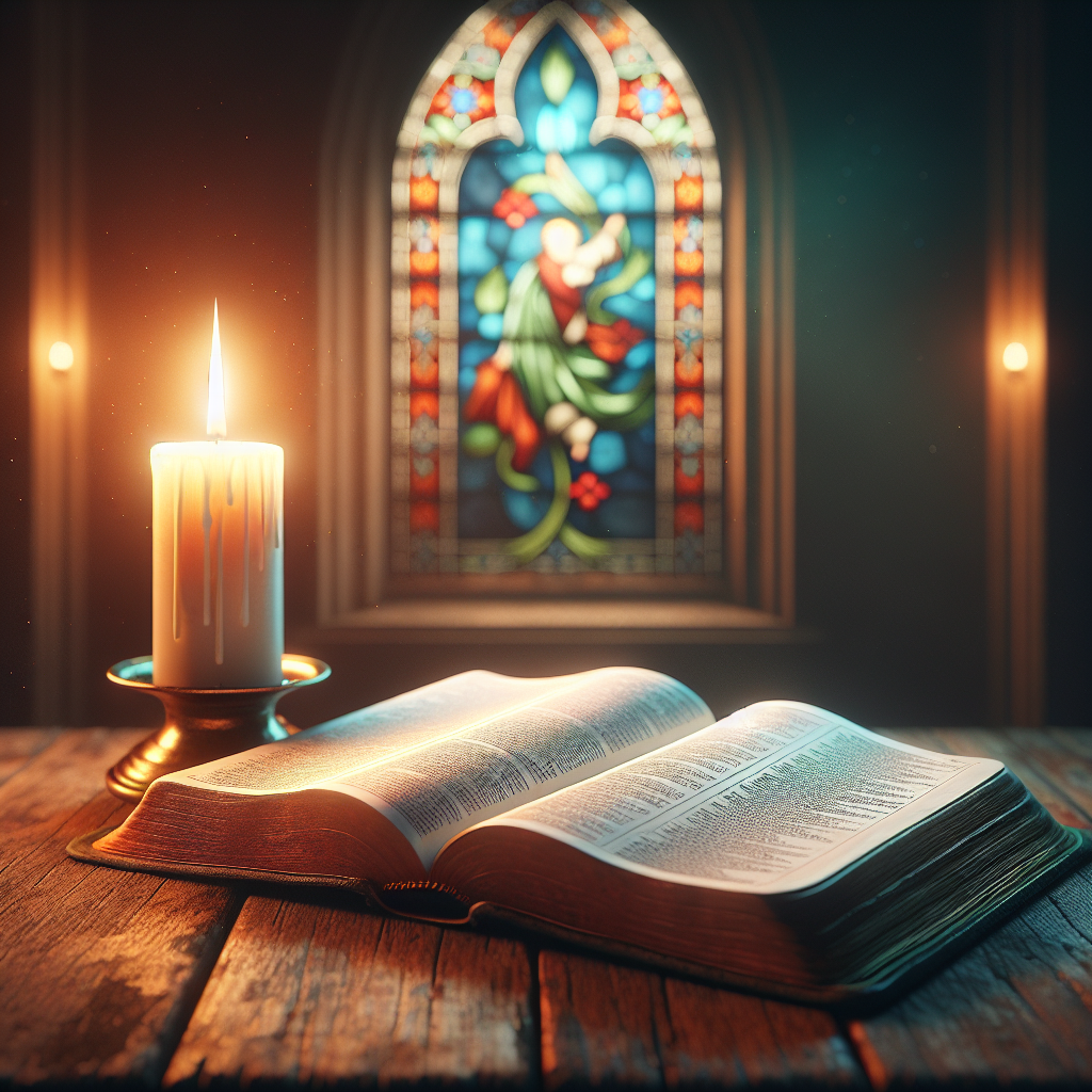 An open Bible with a lit candle on a wooden table, symbolizing faith and reflection.