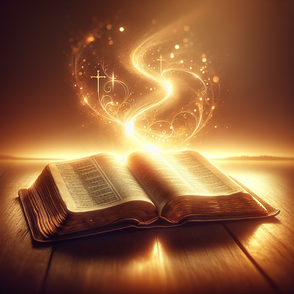 A realistic image of an open Bible with a golden aura, symbolizing faith.