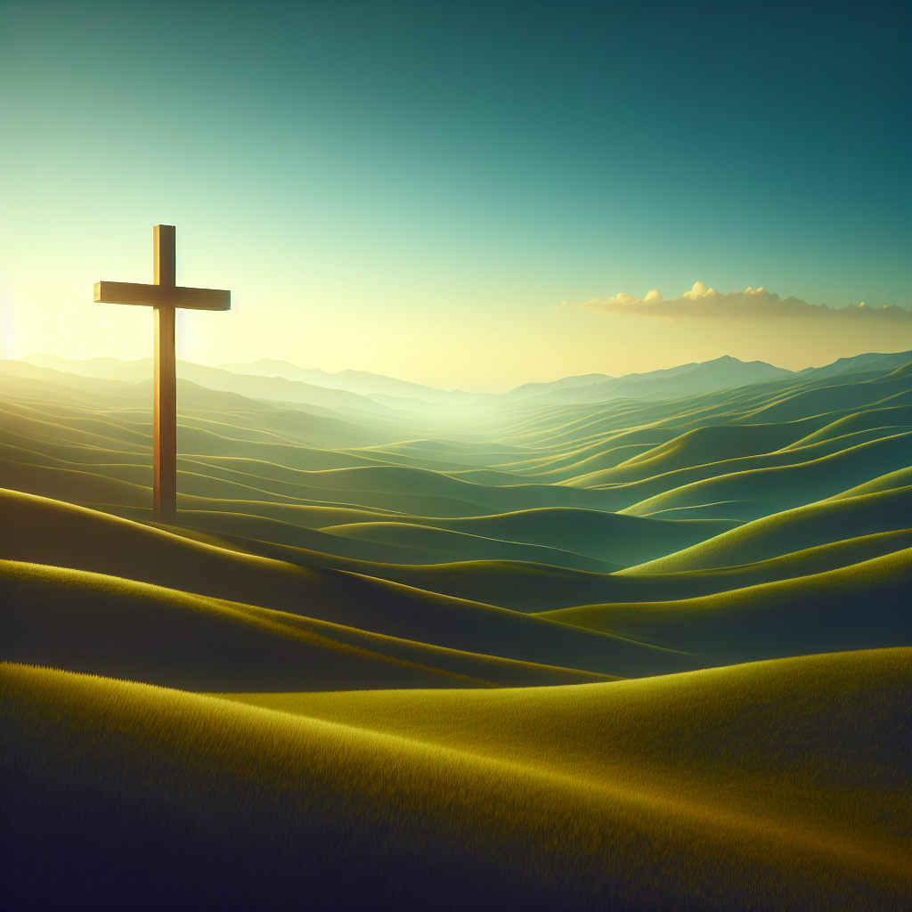 Serene landscape with a wooden cross symbolizing Christian faith under a sunrise.