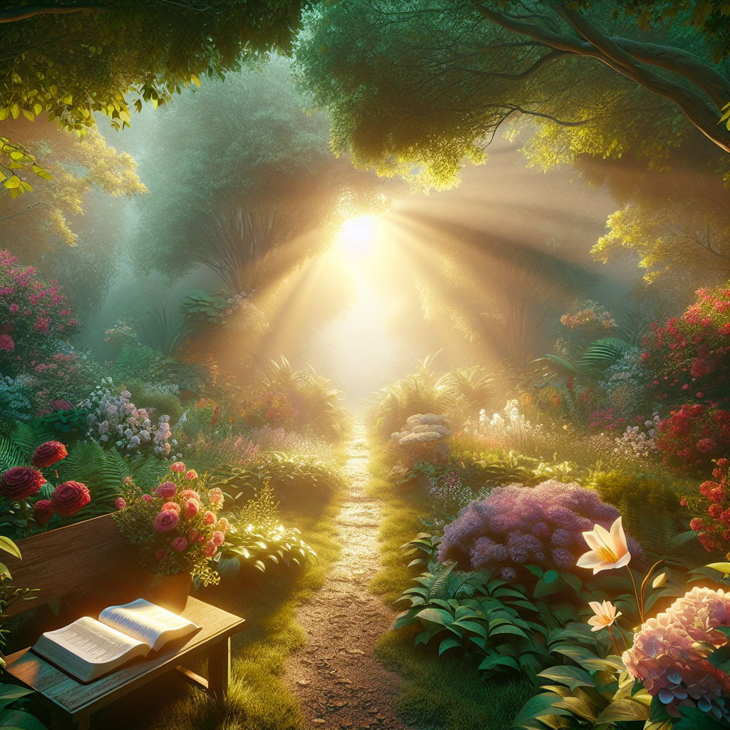 A serene garden scene symbolizing a Christian faith journey with an open Bible on a bench.