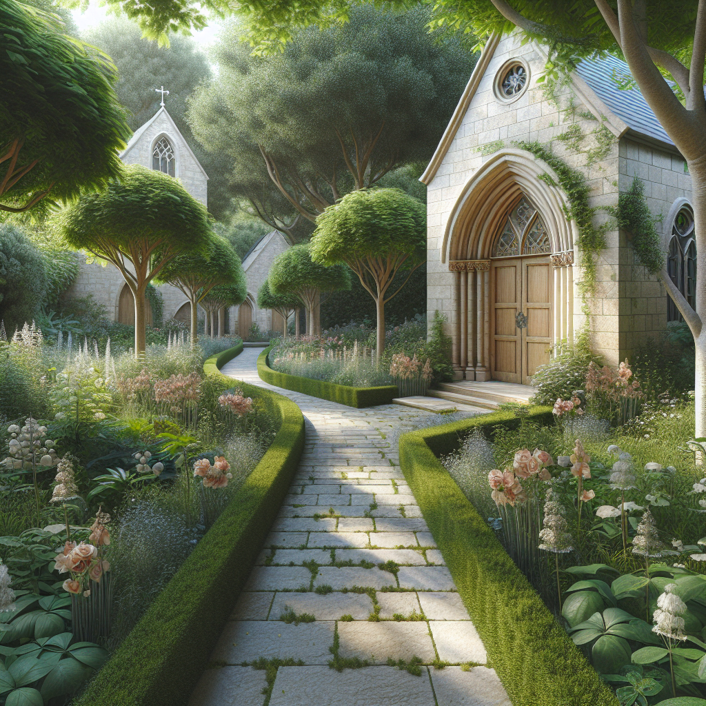 A serene garden pathway leading to a small chapel, symbolizing a spiritual journey.