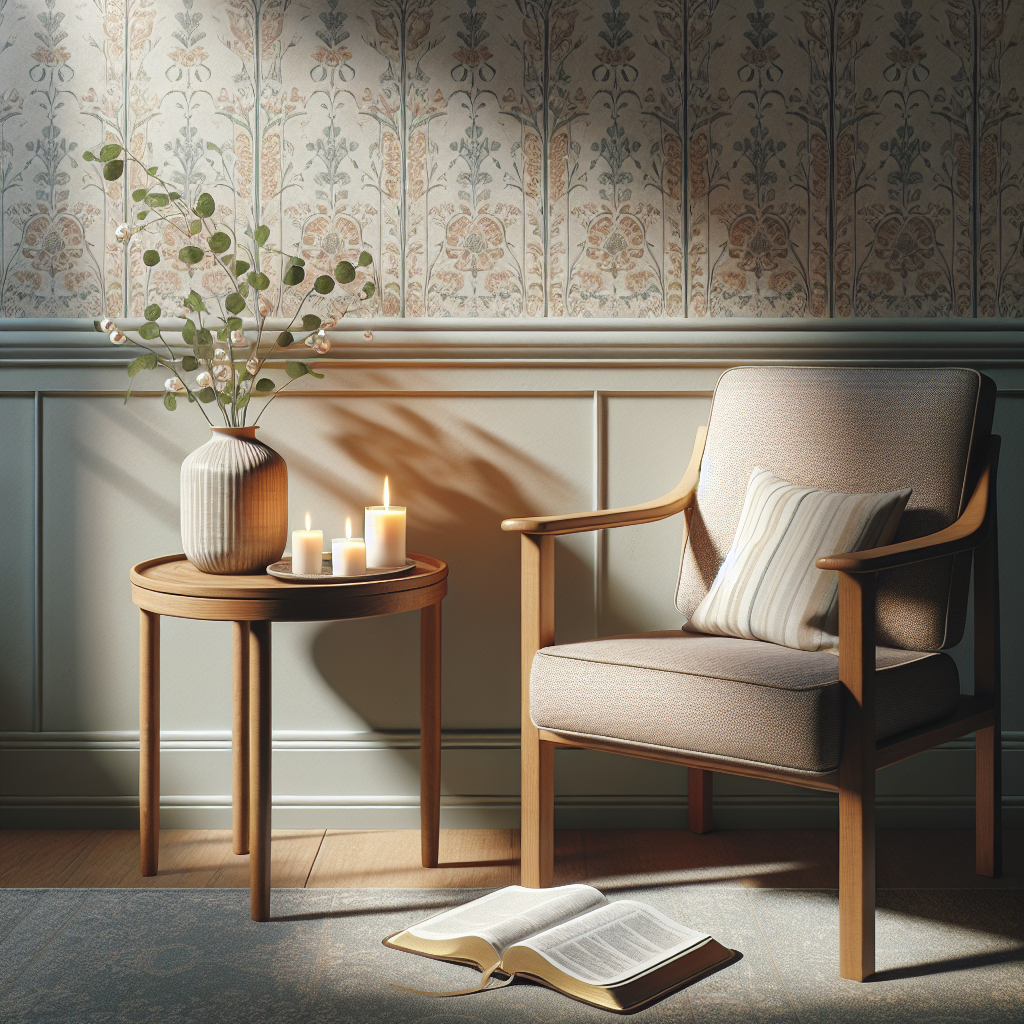 A serene interior setting for reflective Christian study with a chair, a table, an open Bible, and a lit candle.