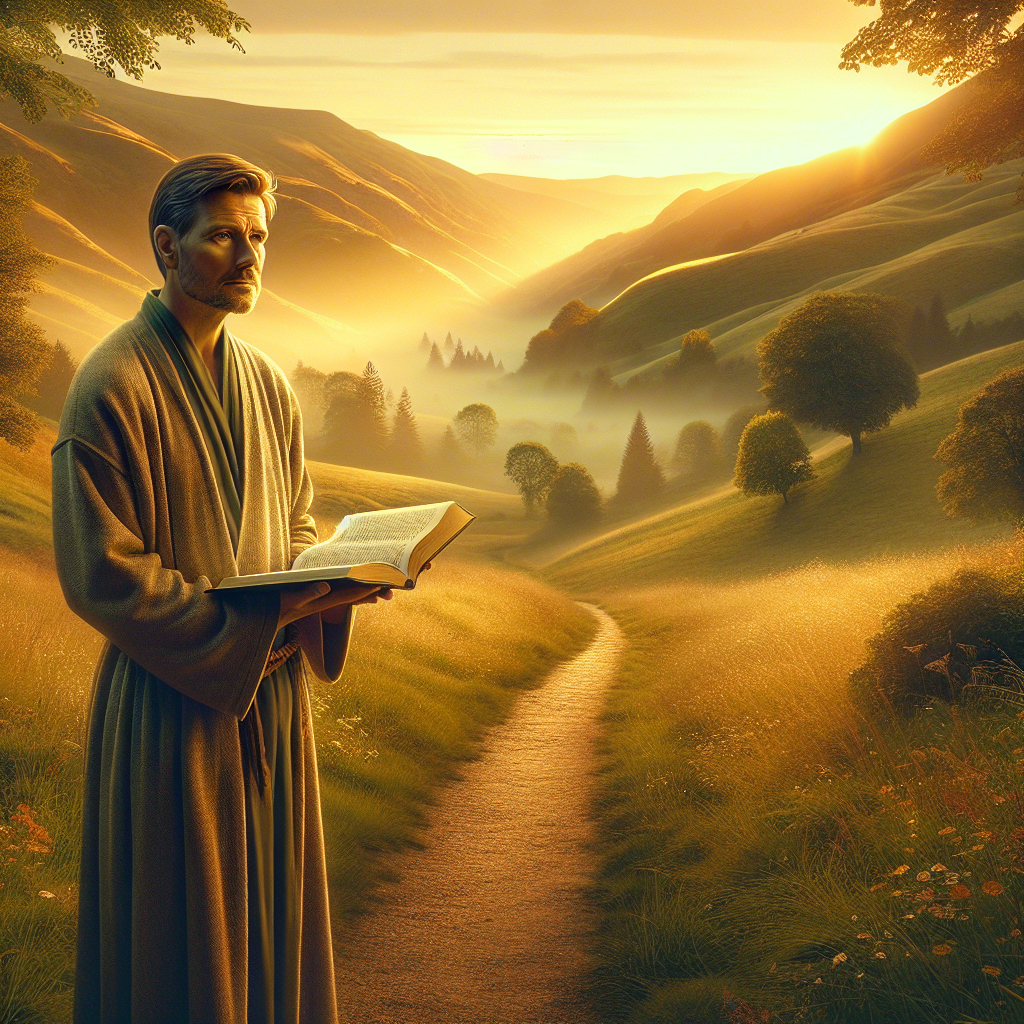 A serene landscape with a traveler holding an open Bible, symbolizing Christian faith exploration.