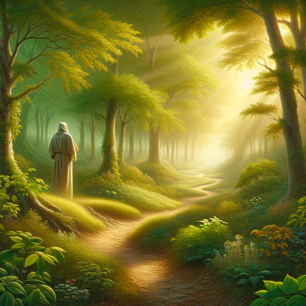 A serene forest path with a figure walking, symbolizing a journey of Christian faith exploration.