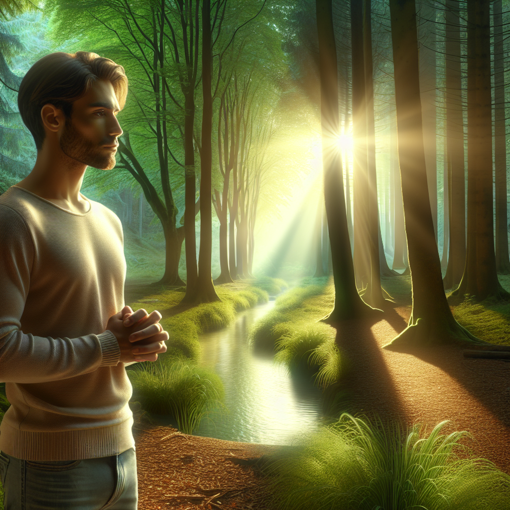 A serene individual contemplating in a sunlit forest, symbolizing faith exploration.