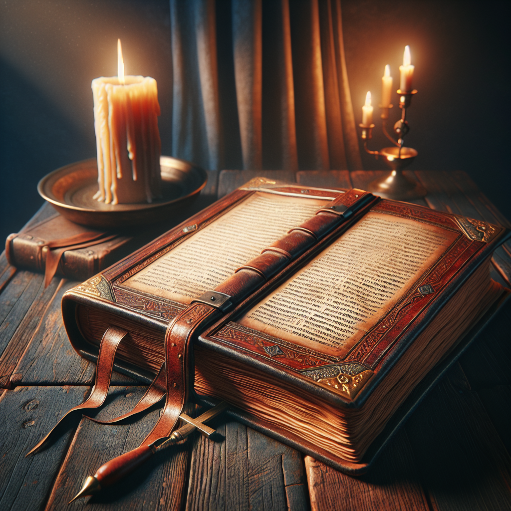 A realistic image of an open Christian faith book on a wooden table with soft candlelight.