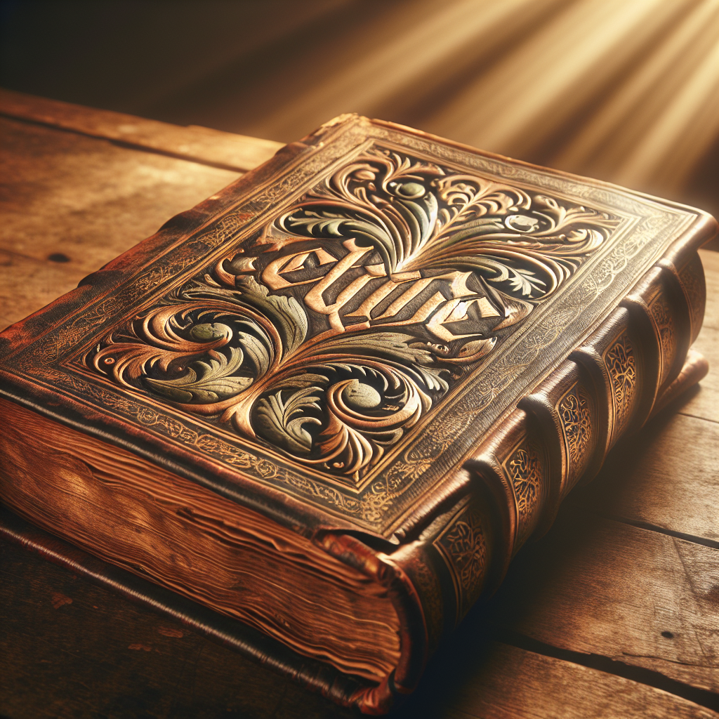 An open leather-bound Christian faith understanding book on a wooden table with warm lighting.