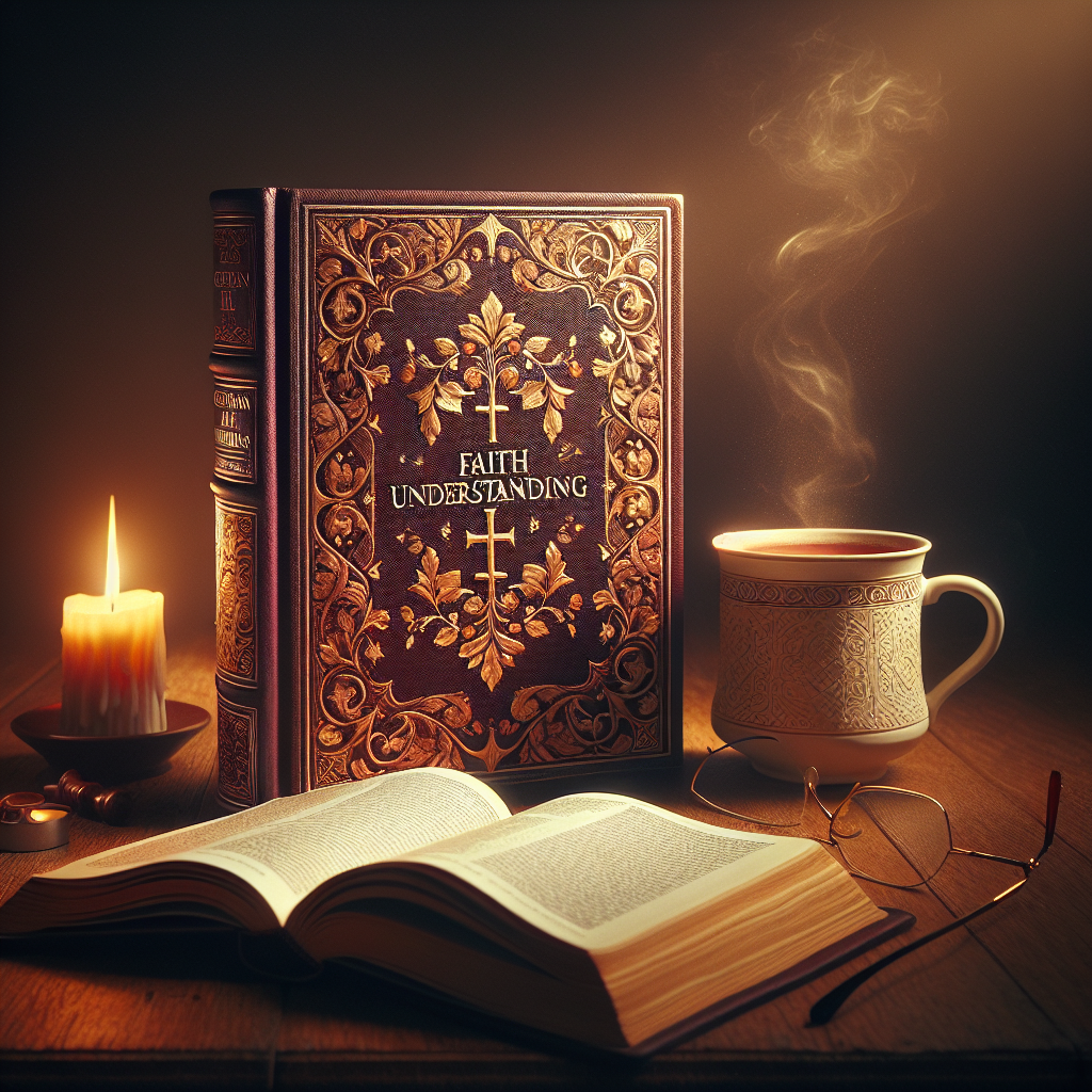 An open book titled 'Christian Faith Understanding' on a wooden desk with warm lighting.