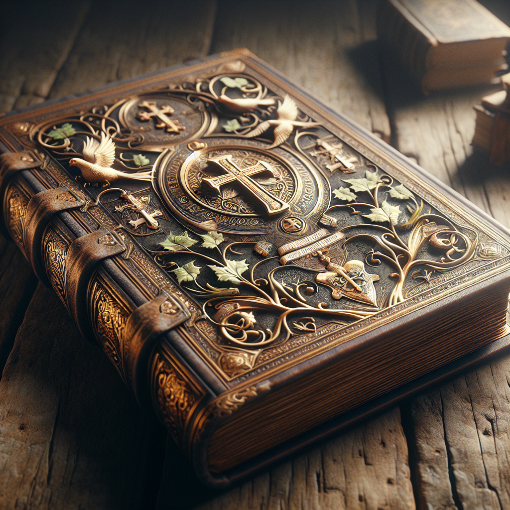 An ornate Christian faith book open on a rustic table with symbolic illustrations.