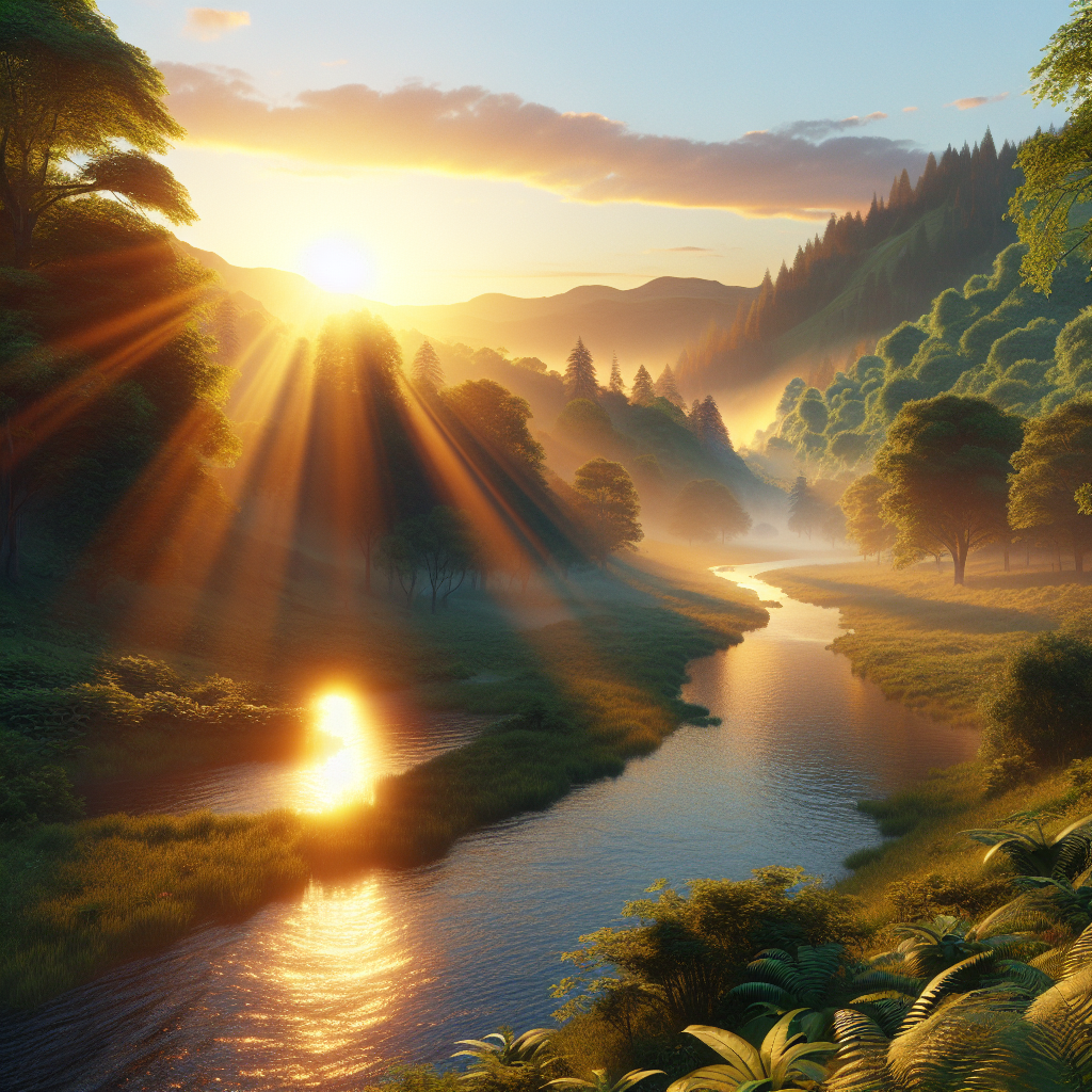 A serene sunrise over a river in a lush valley, symbolizing connection with God's divine plan.