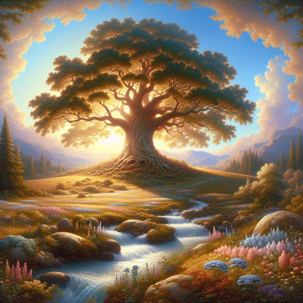 A serene landscape with a majestic oak tree, a flowing stream, and vibrant flowers under a clear sky.