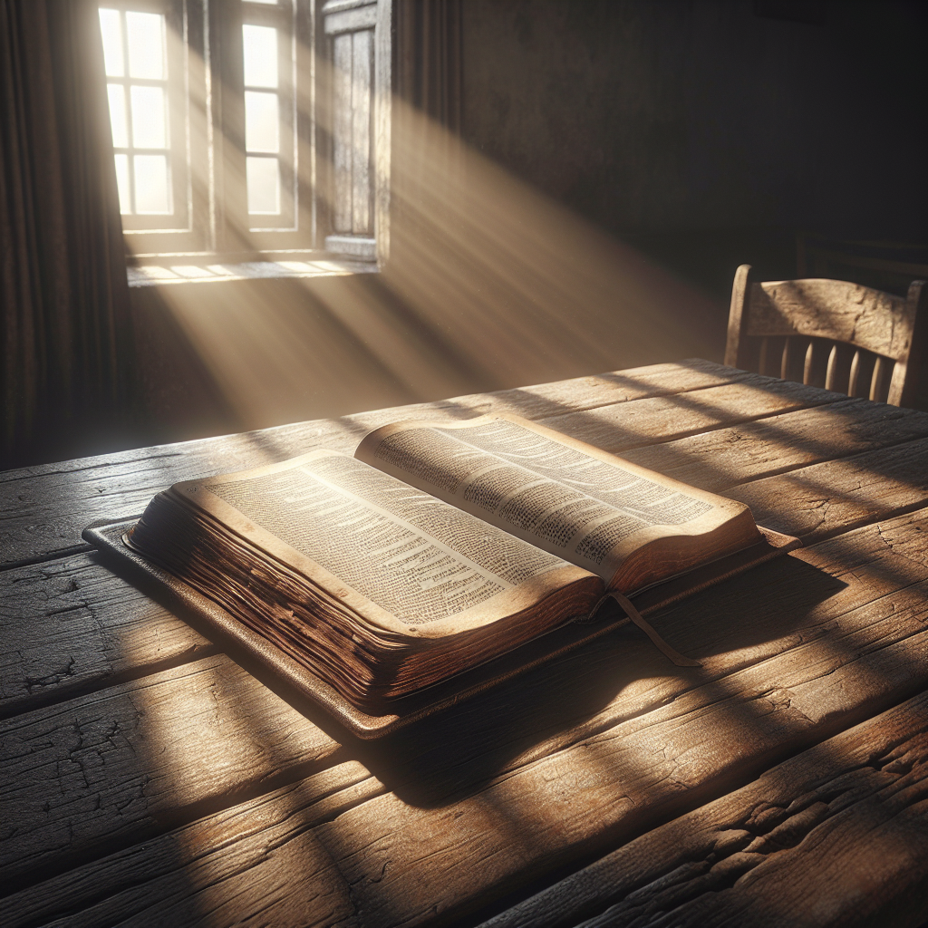 An open Bible on a rustic wooden table in a sunlit room, creating a peaceful and contemplative scene.