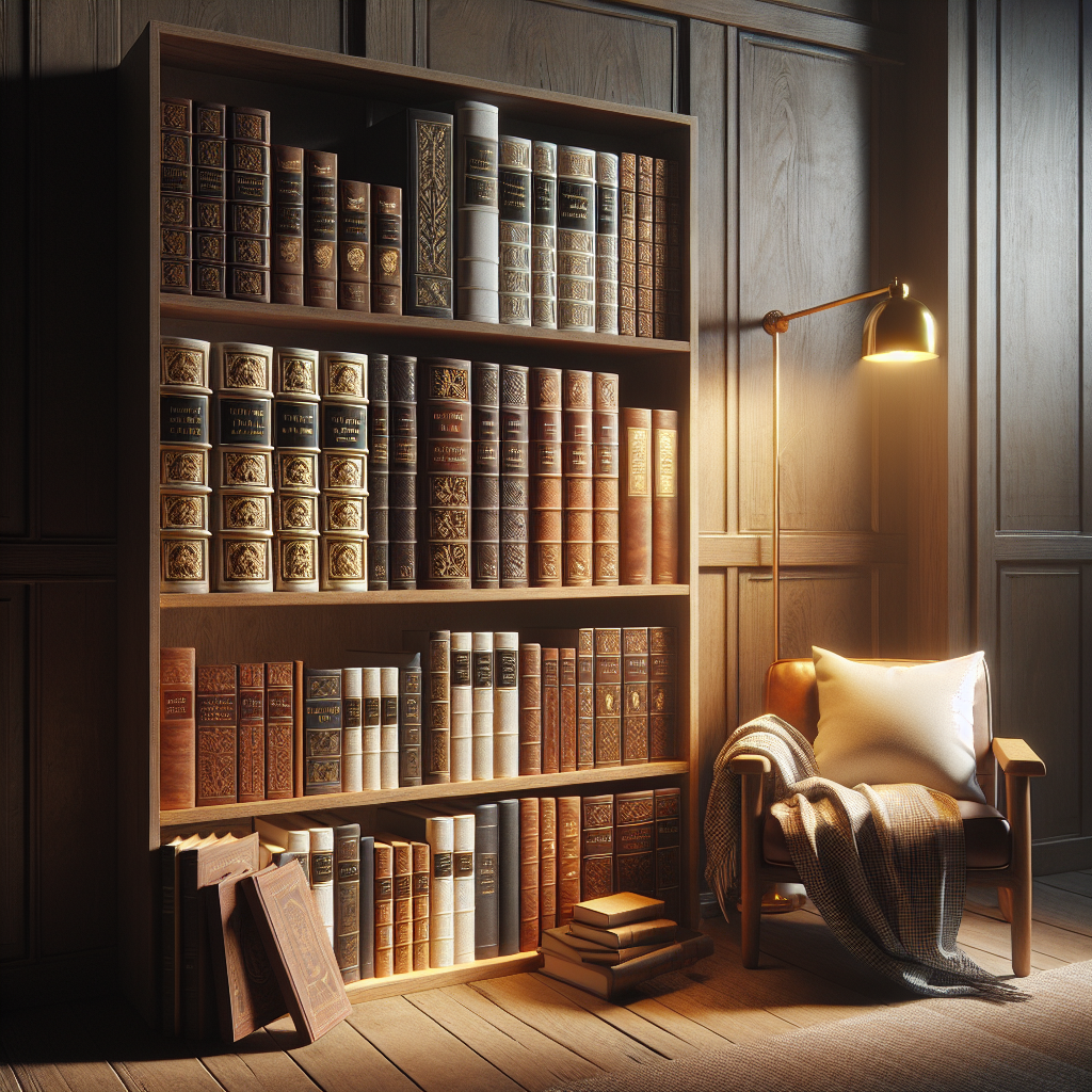 A cozy reading nook with Christian faith books on a shelf, warmly lit by a golden lamp.