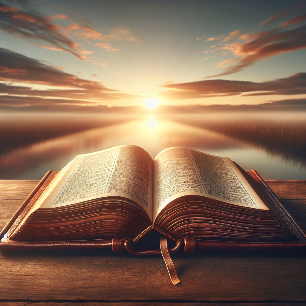 An open book with an aged leather cover against a sunrise backdrop representing Christian faith growth.