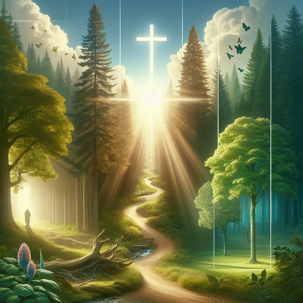 A serene path through a forest symbolizing a Christian faith journey, with sunlight filtering through the trees and a church cross in the background.