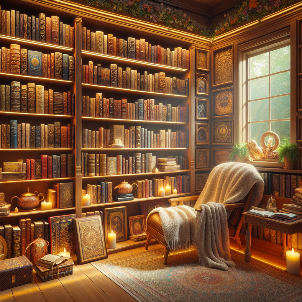 A cozy reading space with Christian books on a bookshelf, warm lighting.