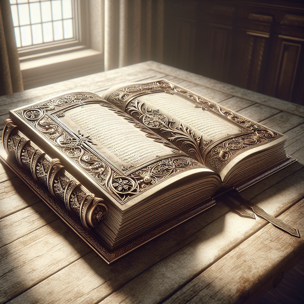 An open Christian faith book lying on a wooden table in a cozy room with warm light.