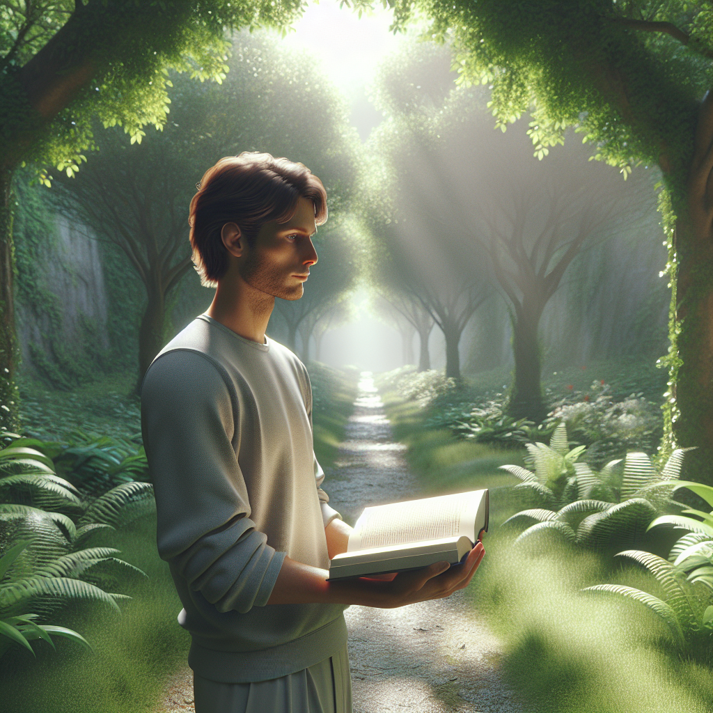 A person on a garden path holding an open book, symbolizing a spiritual journey.