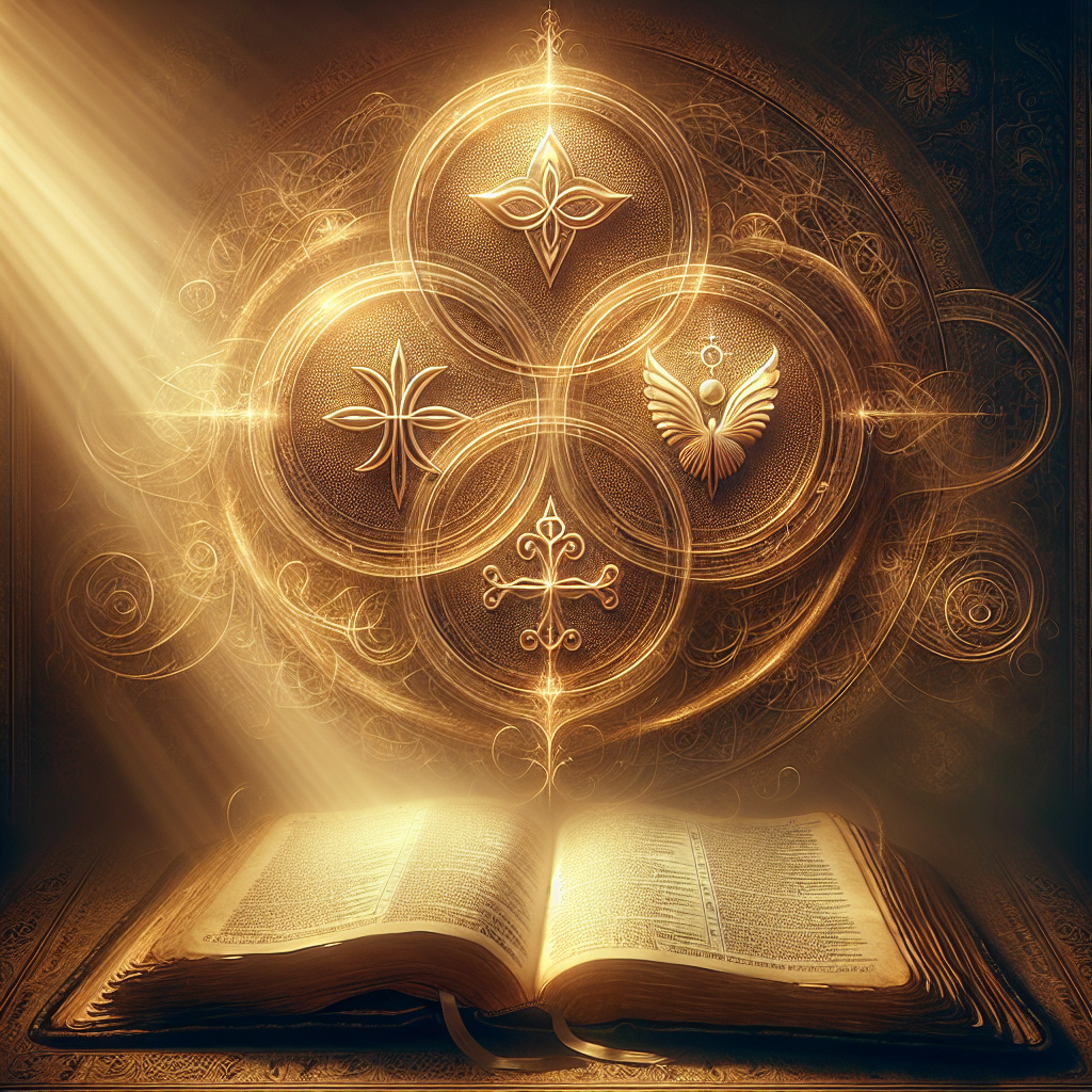 A realistic depiction of the Holy Trinity concept with interlocking symbols and open ancient Bible texts.