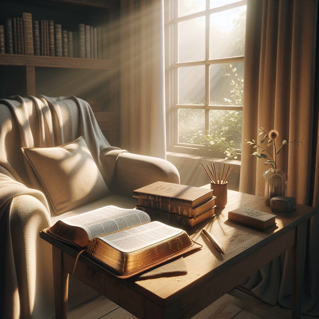 A peaceful reading nook with an open Bible and Christian books on a sunlit table.