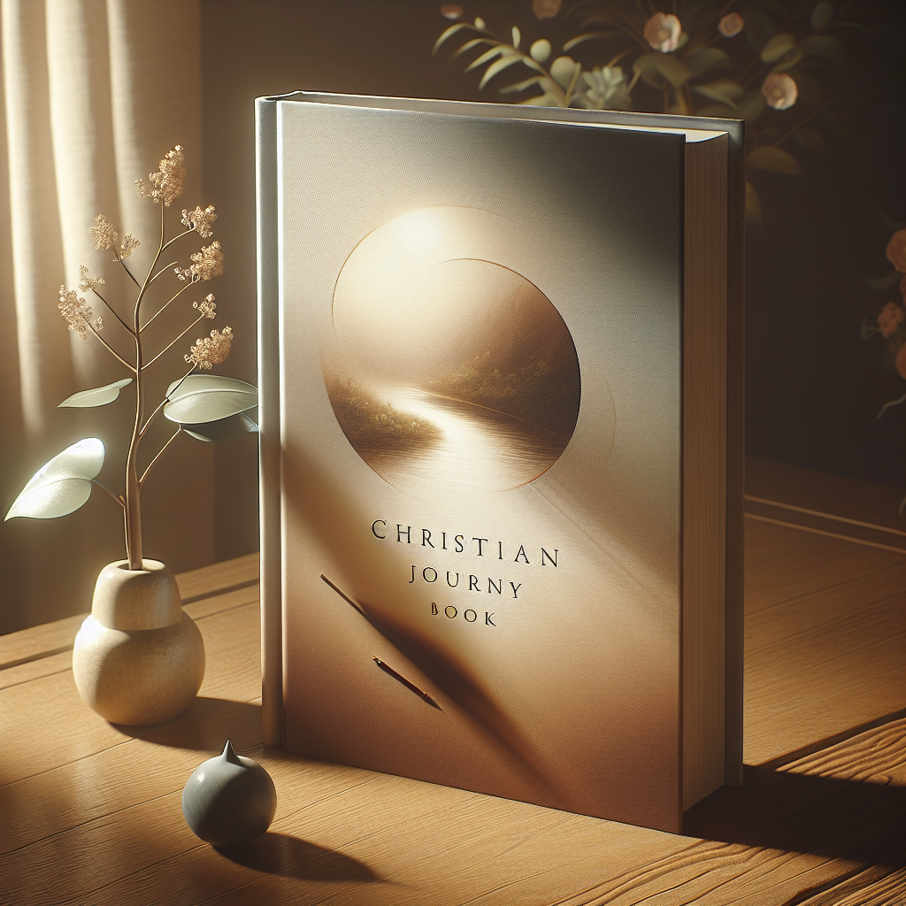 An open Christian Faith Journey Book on a wooden table with warm lighting.