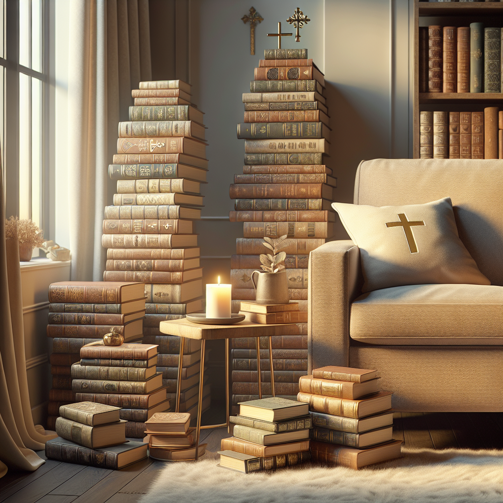 A cozy reading nook with Christian books and a lit candle by a window.