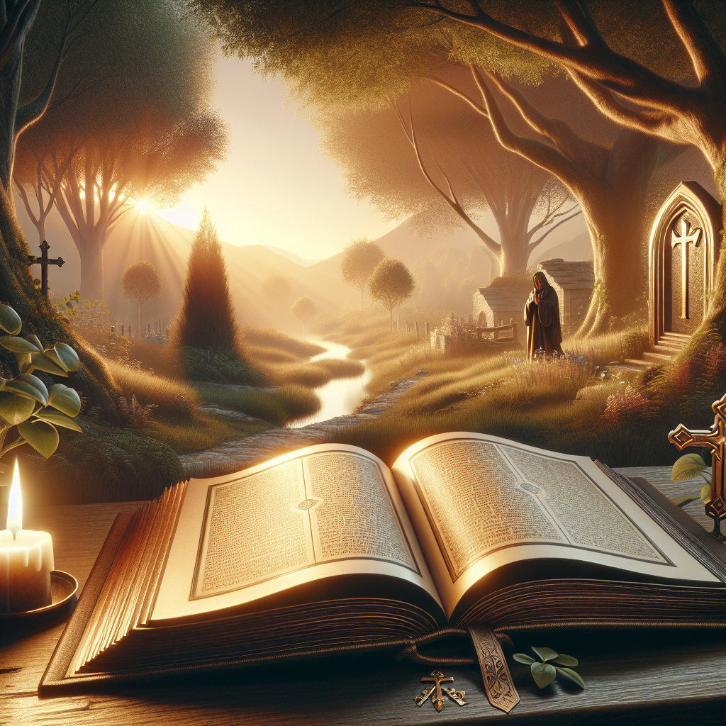 A serene landscape with an open book symbolizing Christian faith growth in the foreground.