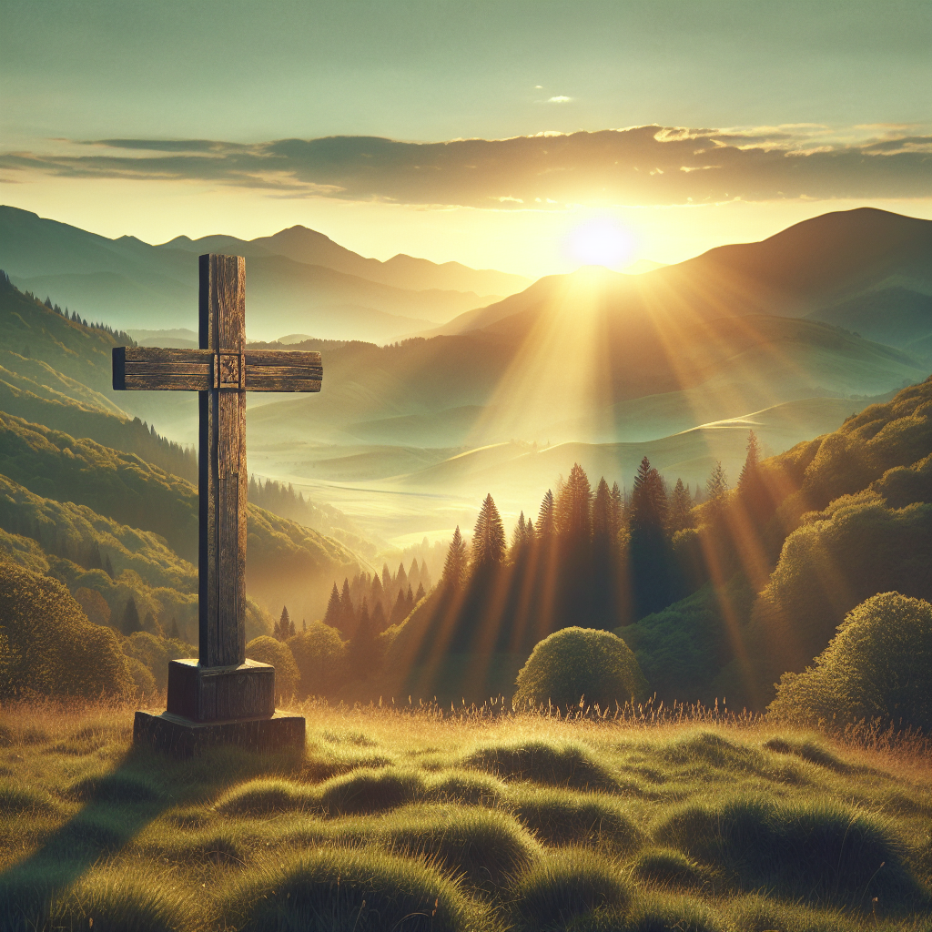 Serene landscape with a cross symbolizing Christianity at sunrise.