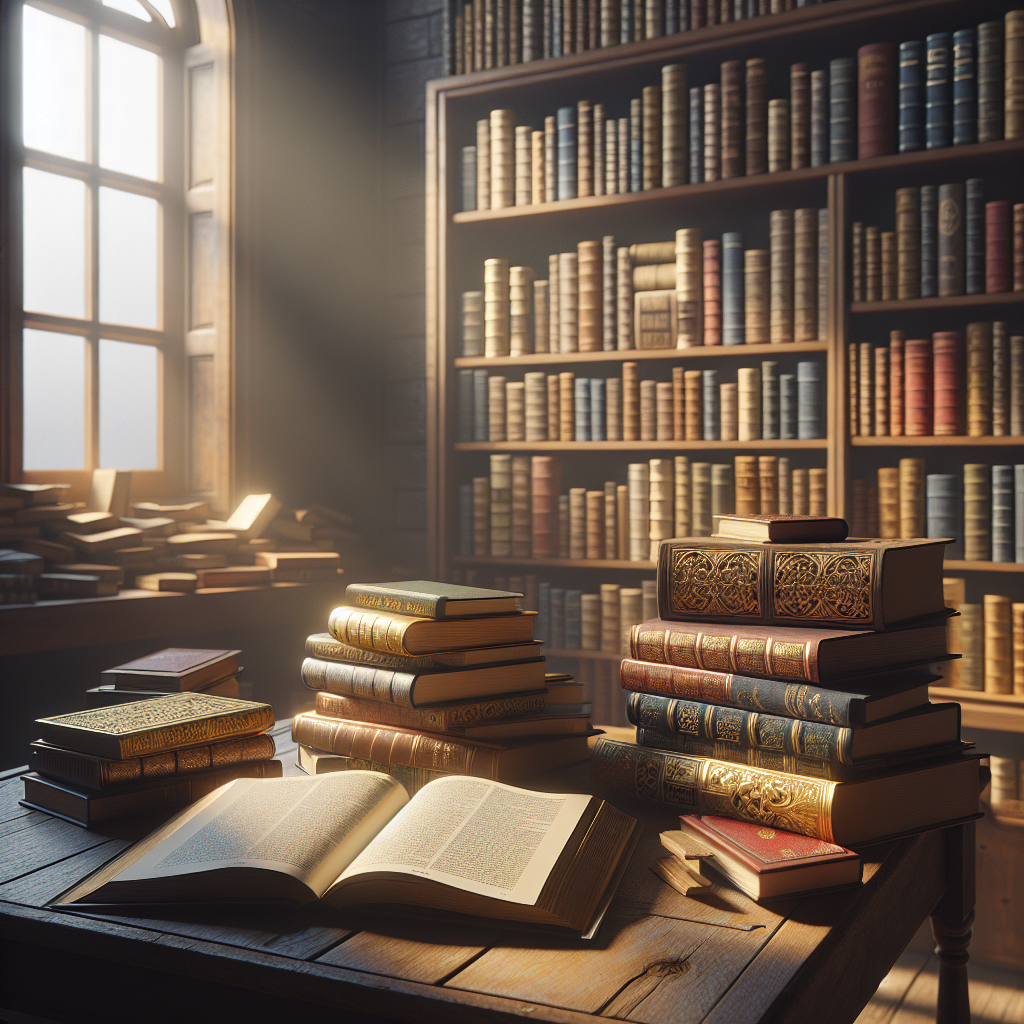 A cozy reading space with Christian faith books on a table, warm lighting and bookshelves in the background.