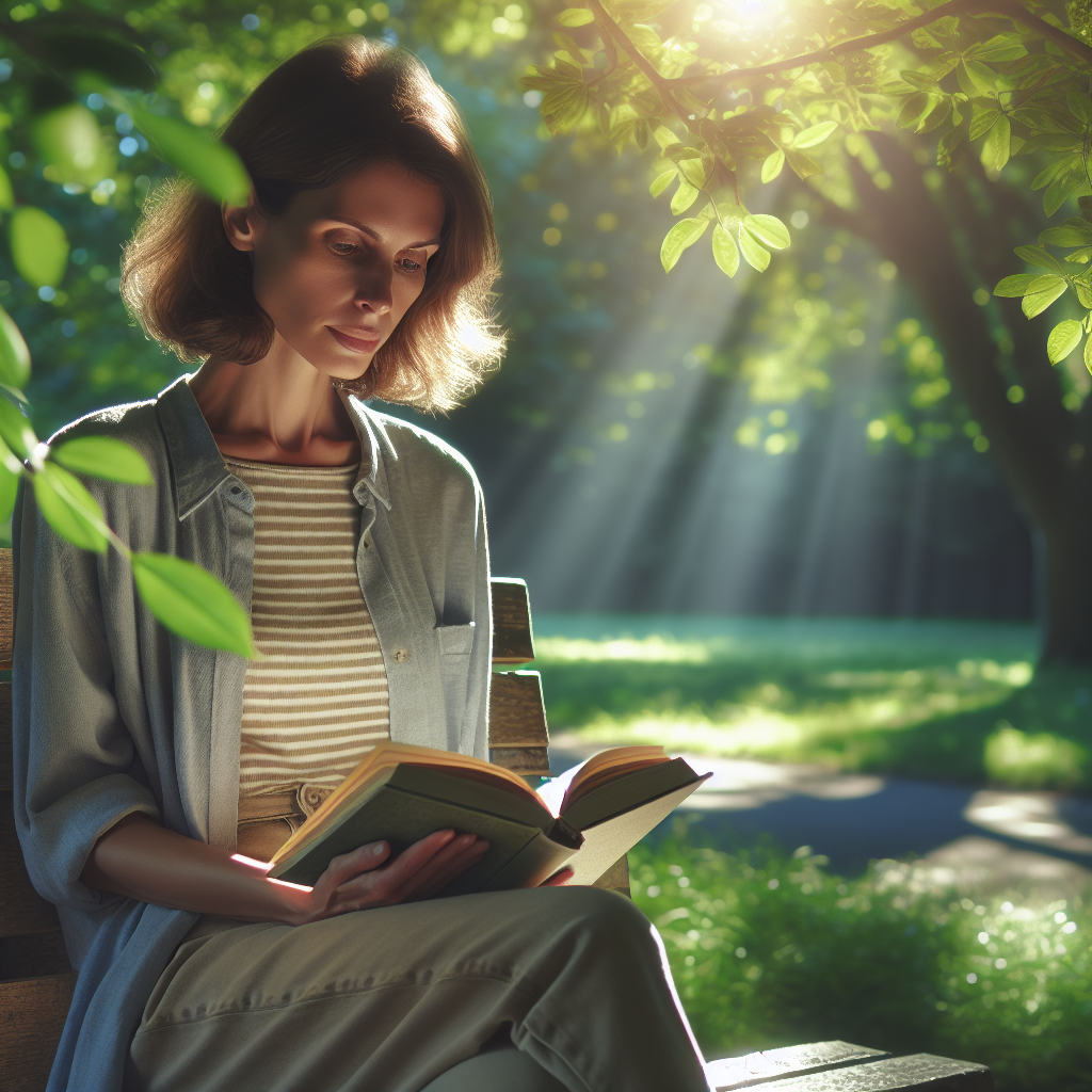 A woman sitting on a park bench reflecting on a journey book.