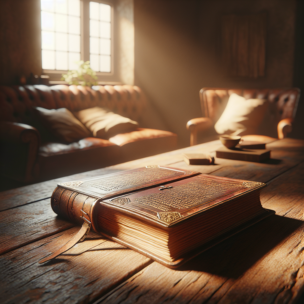 A peaceful reading nook with an open Christian book on a wooden table.