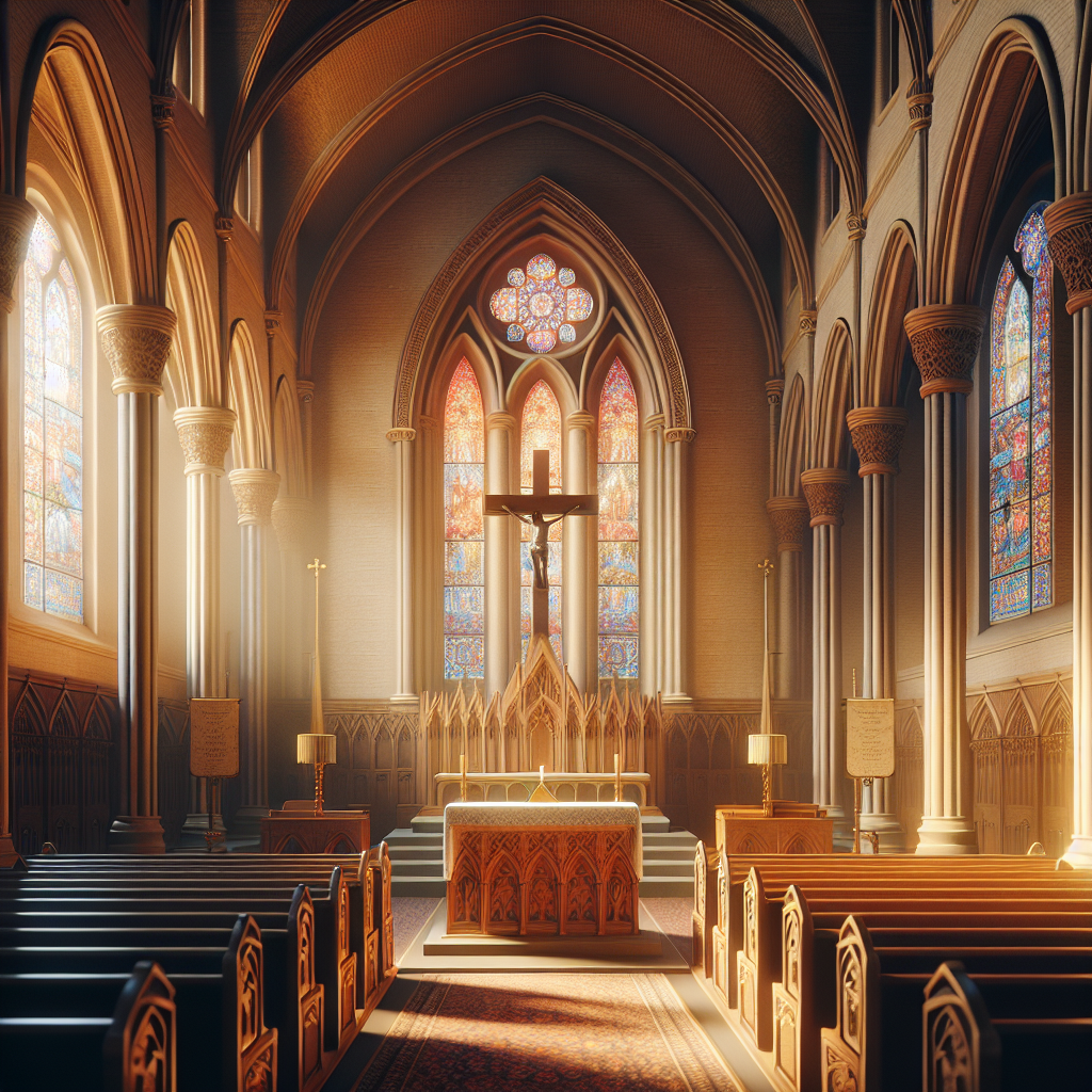 A serene church interior with a wooden cross and stained glass windows.