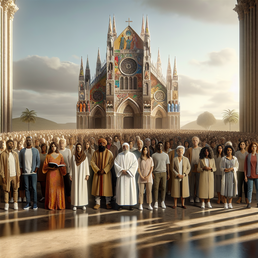 Realistic image of a diverse group in front of a global-style cathedral representing Christianity's influence.