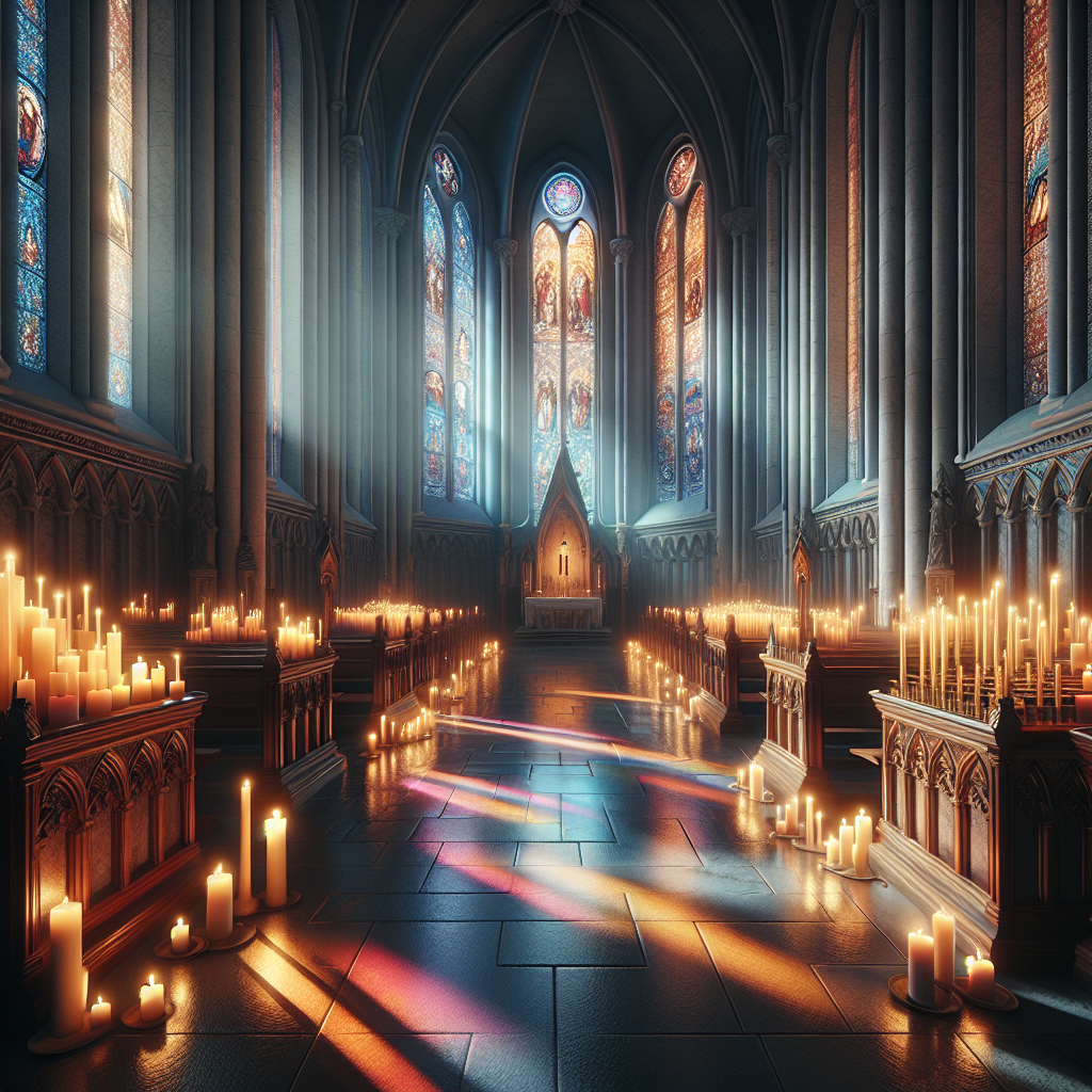 A realistic church interior during a candlelight service with soft lighting and stained glass windows.