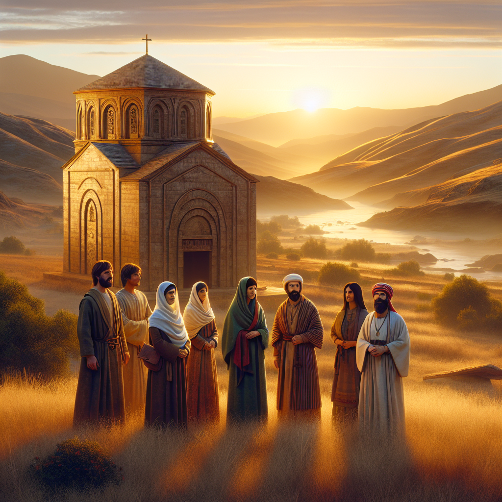 A realistic Middle Eastern landscape with an ancient church and diverse followers, depicting early Christianity.