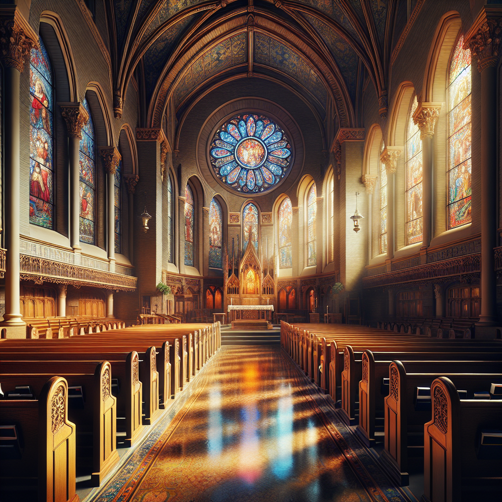 Interior of a church with stained glass windows reflecting light, symbolizing Christian faith understanding.