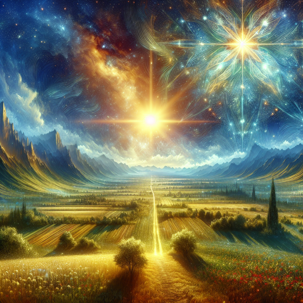 A celestial landscape symbolizing God's plan with a radiant sun and a serene path through lush fields.